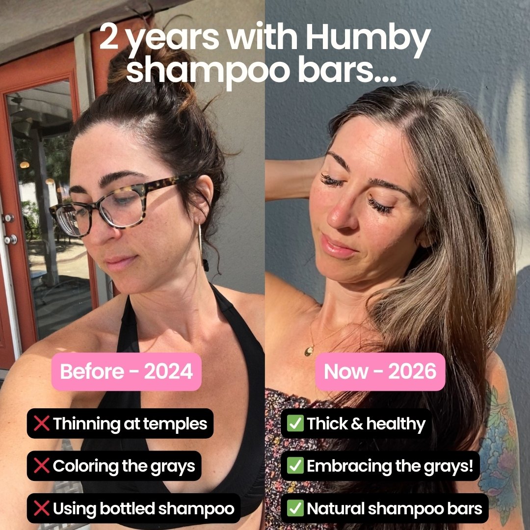 The same woman before and after two years of shampoo bars, labeled Before 2024 and Now 2026