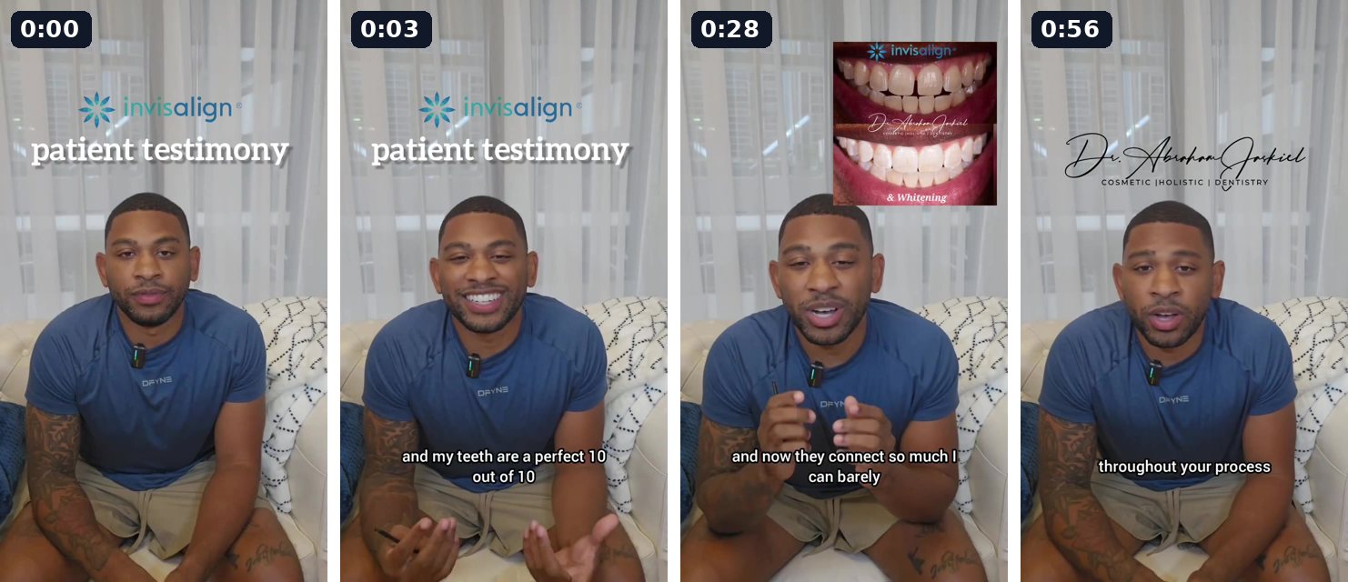 Four frames of a seated patient with a lav mic talking about his teeth, one with a smile photo inset