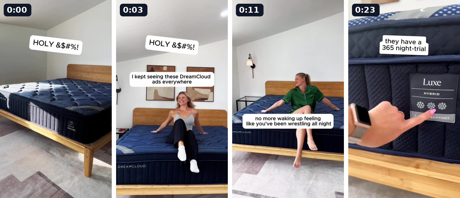 Four frames of a mattress in a bedroom with first-person caption bubbles
