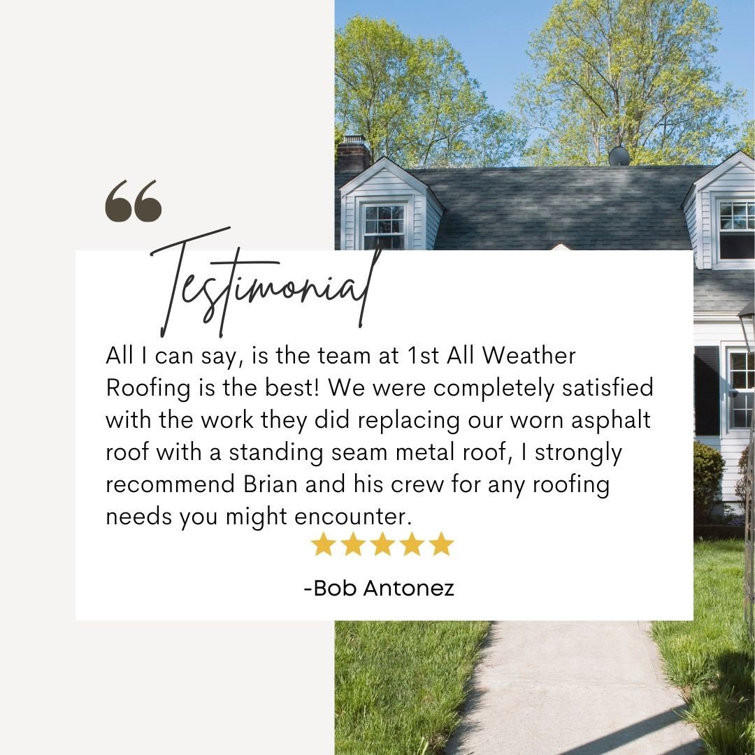 Five-star review card about a metal roof replacement, laid over a photo of the house