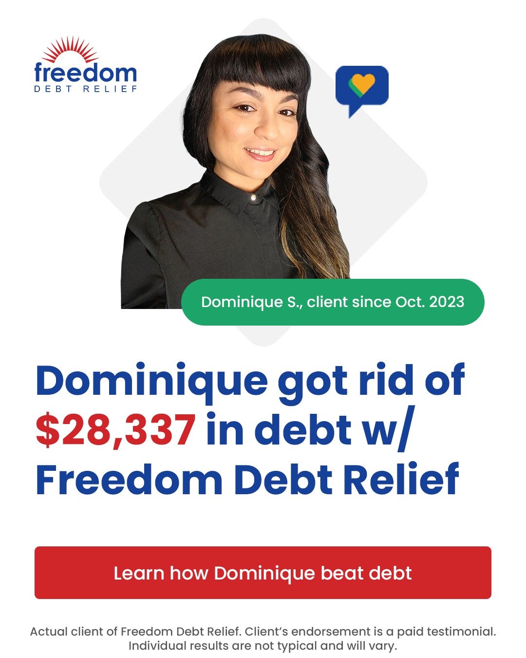 Client photo above a headline about the debt she resolved, with fine print at the bottom