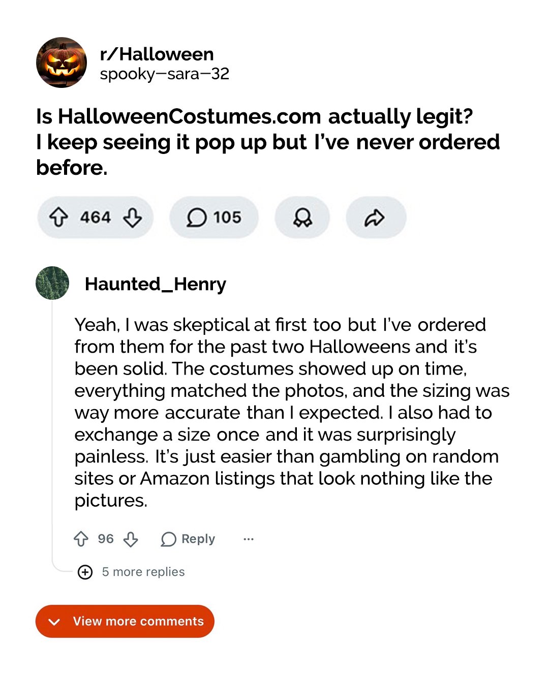 Reddit-style thread doubting an online costume store, with a customer reply about two orders