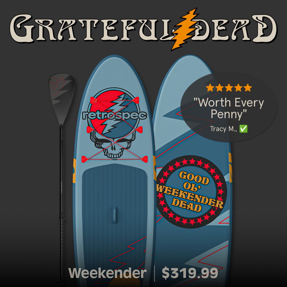 Two paddle boards with a five-star quote sticker and the price