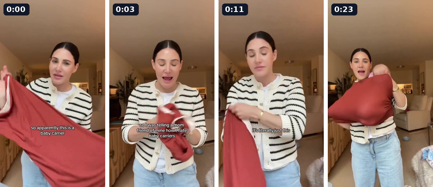 Four frames of a woman holding up a baby carrier and talking to camera in her living room