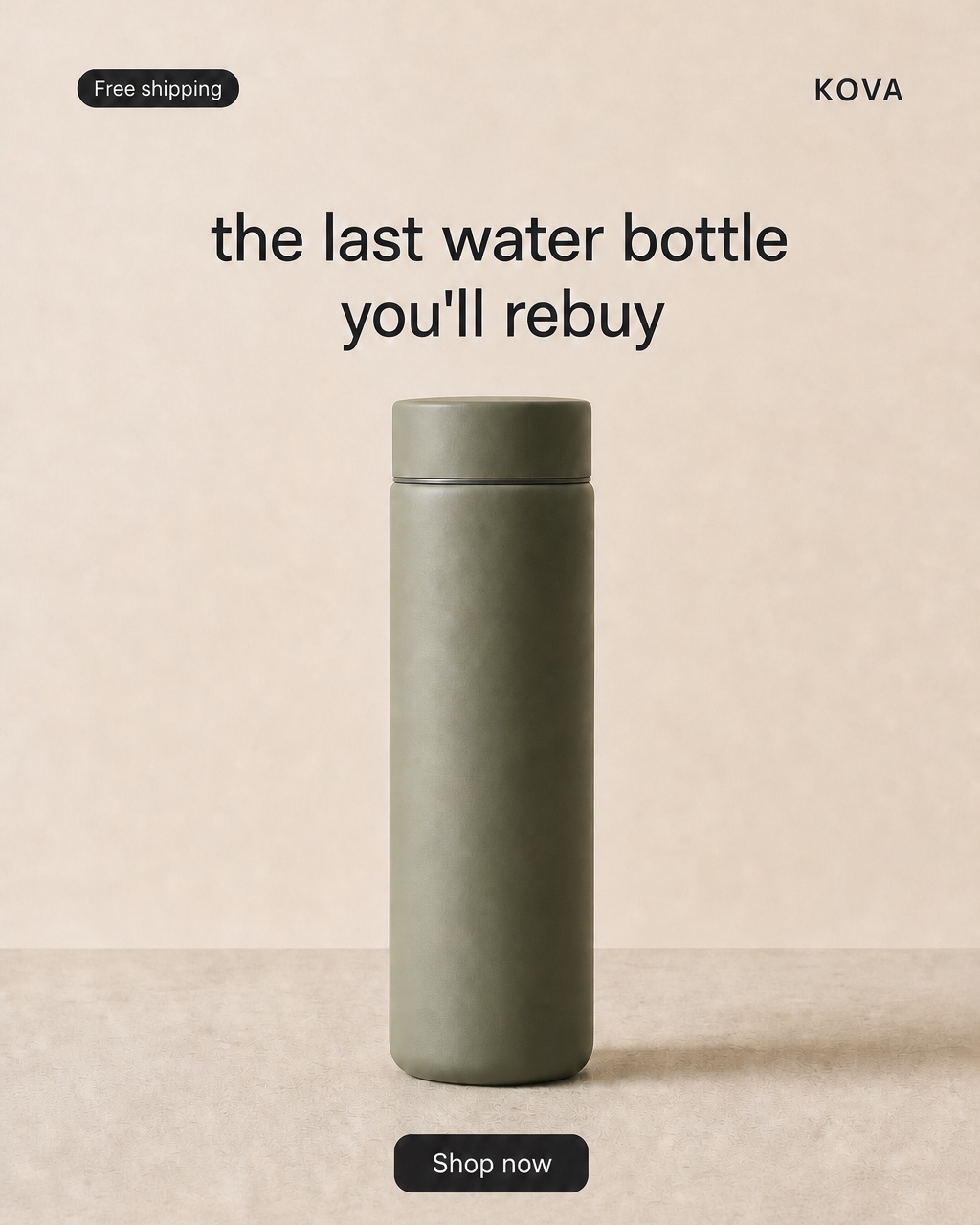 Quiet Threads-native 4:5 ad for a sage green insulated water bottle with a lowercase headline, a small Shop now button, and a Free shipping badge on a muted neutral background