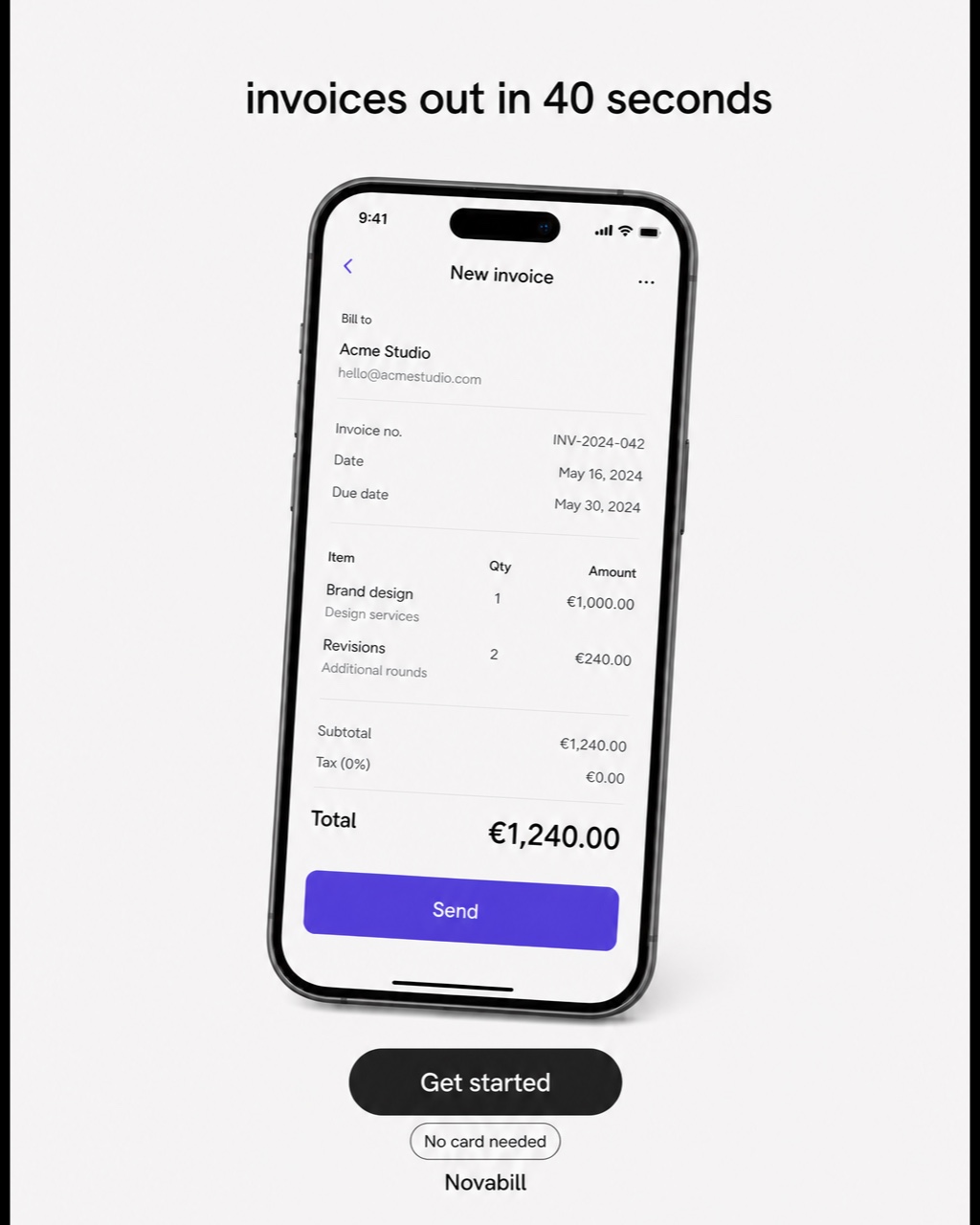 Near-monochrome Threads-native 4:5 ad showing a tilted phone with an invoicing app, the headline invoices out in 40 seconds, a Get started button, and a No card needed badge