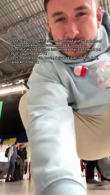 Alyve Wellness TikTok ad: the founder filmed selfie-style in a warehouse, with four lines of timeline text in the upper middle