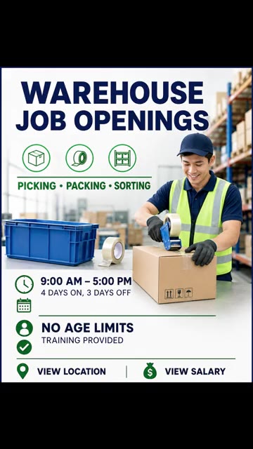 A 4:5 warehouse jobs ad padded to 9:16 with black bars, its hours, age line and buttons in the lower part of the creative