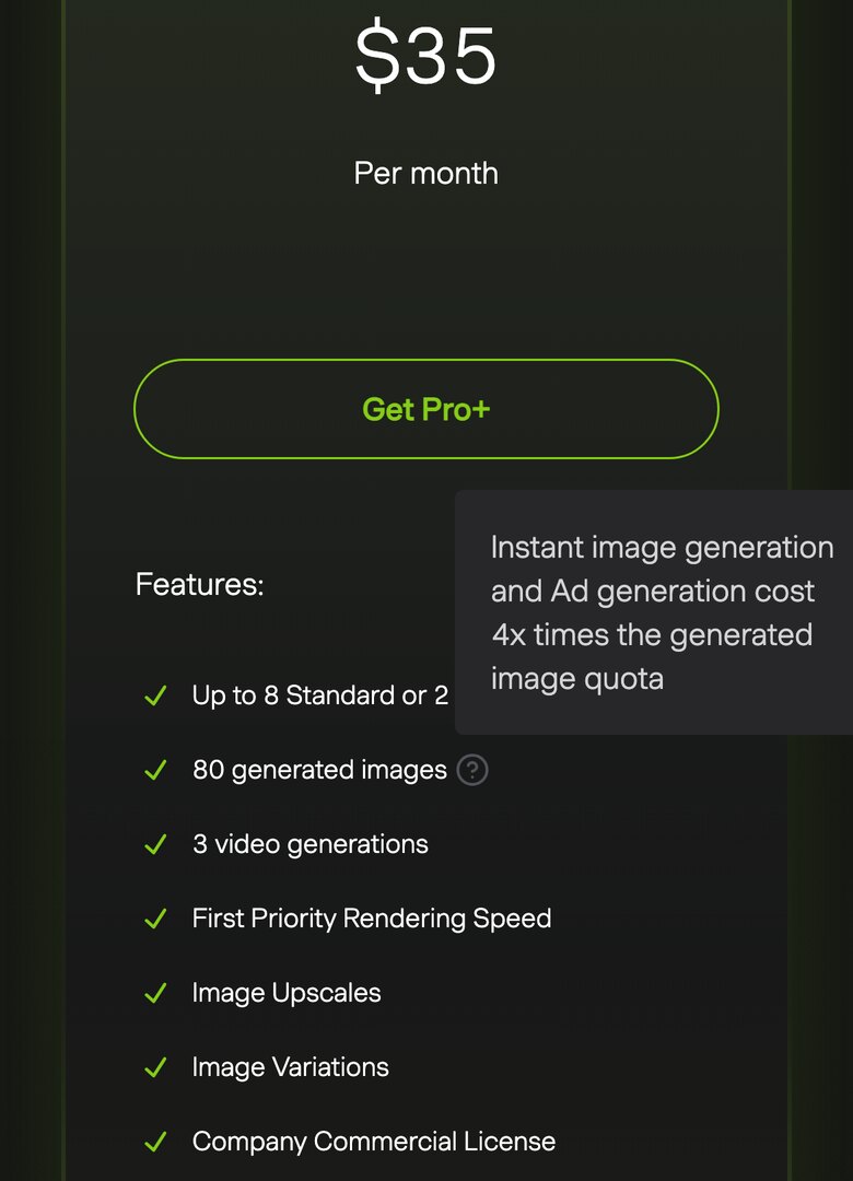 Flair Pro+ card at $35 per month with 80 generated images, and the note that instant image generation and ad generation cost 4x the generated image quota