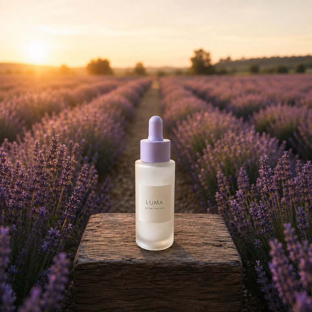 Lavender field: the LUMA glow serum bottle