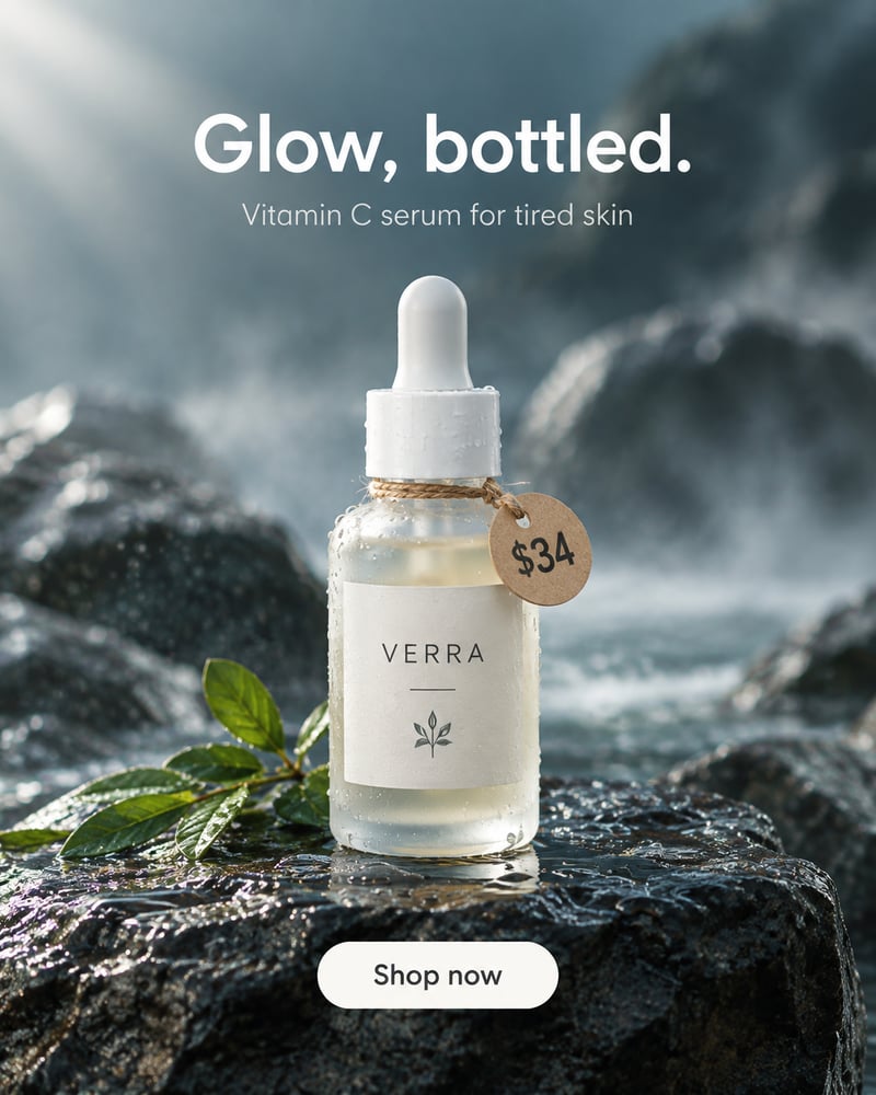 Vitamin C serum ad with the headline Glow, bottled, a $34 tag and a Shop now button