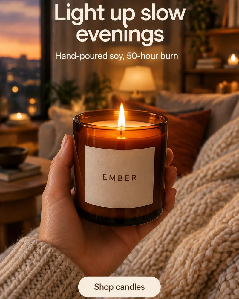Soy candle ad with the headline Light up slow evenings and a Shop candles button